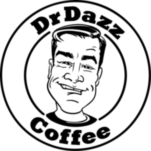 DrDazz Coffee logo, a double line circle with DrDazz Coffee written between the lines and head caricature of Dr Dazz